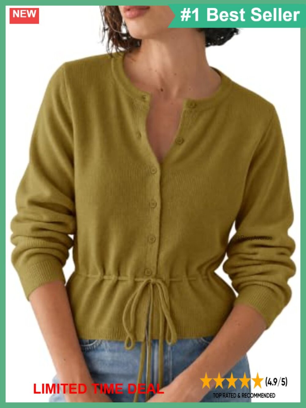 Cropped Button Up Tie Waist Crew Neck Cardigan Long Sleeve Knit Sweater